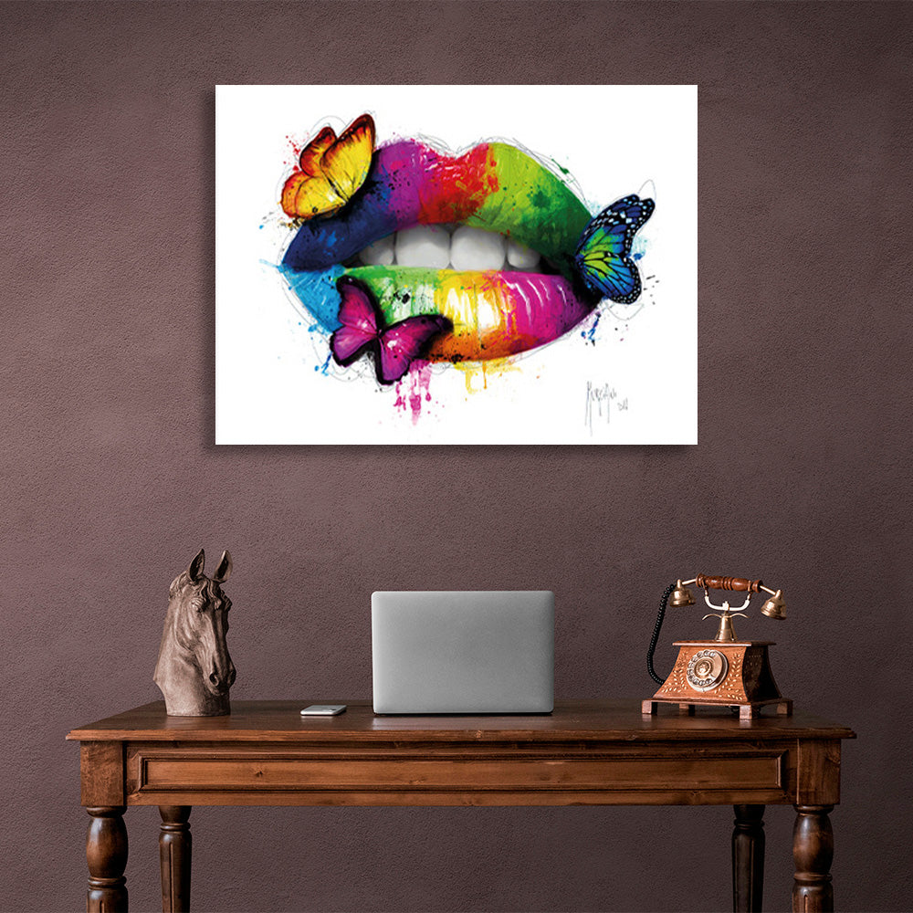 Lips in rainbow hues with three butterflies Canvas Wall Art Print