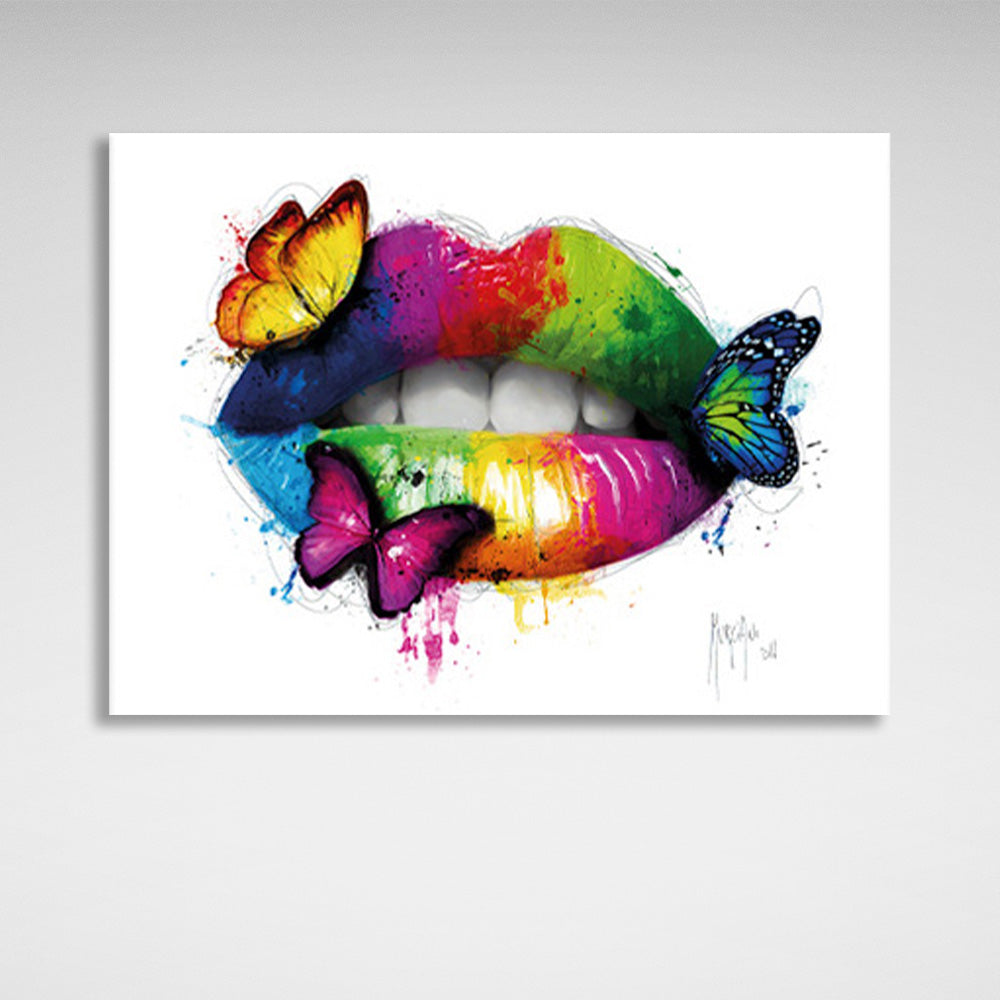 Lippen in Regenbogenfarben mit drei Schmetterlingen auf Leinwand, Kunstdruck