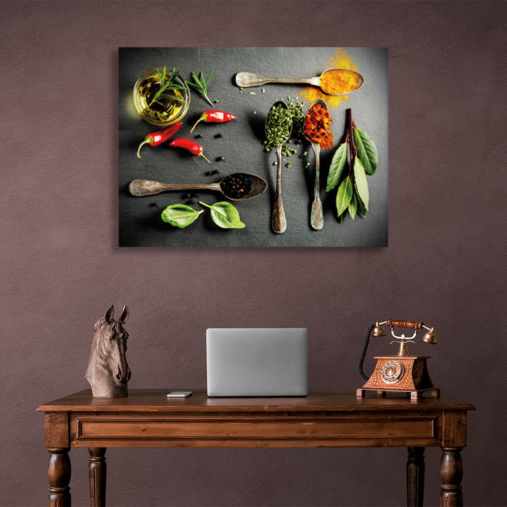 4 spoons with spices Canvas Wall Art Print For Kitchen