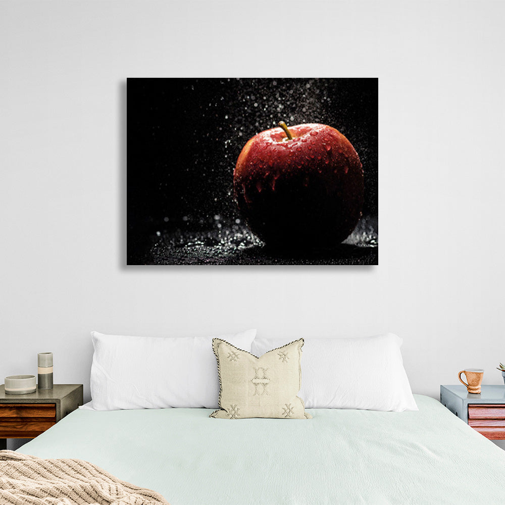 Wet apple with water drops on black background Canvas Wall Art Print For Kitchen