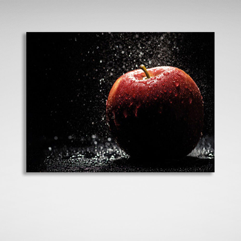 Wet apple with water drops on black background Canvas Wall Art Print For Kitchen