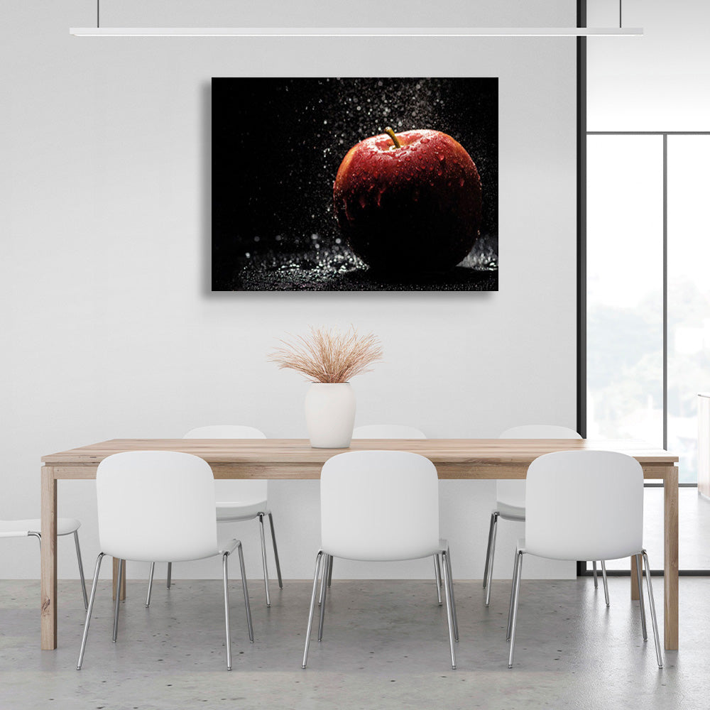 Wet apple with water drops on black background Canvas Wall Art Print For Kitchen