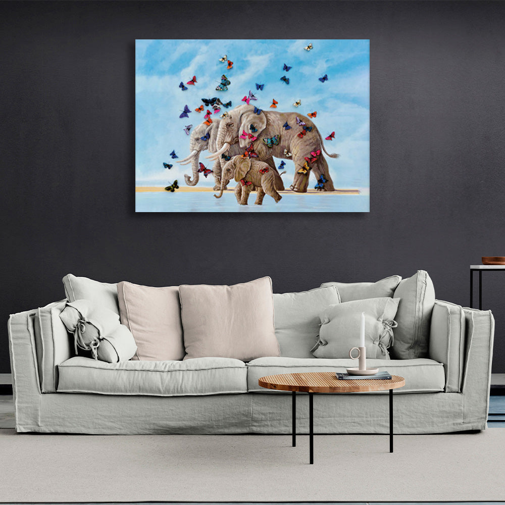 A herd of elephants with butterflies Canvas Wall Art Print