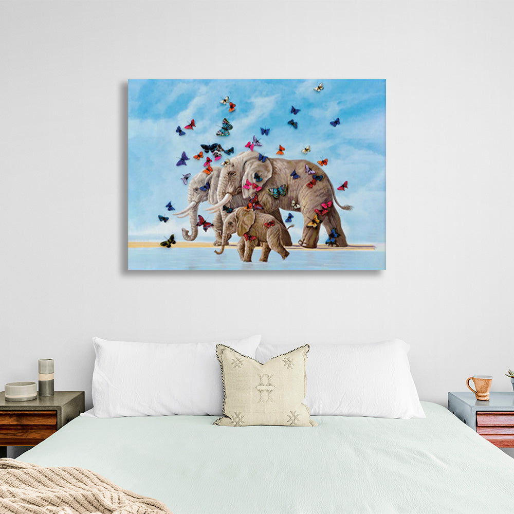 A herd of elephants with butterflies Canvas Wall Art Print