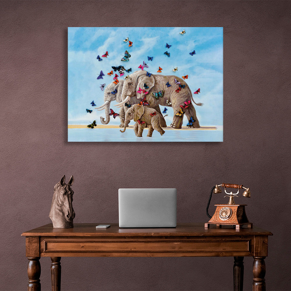 A herd of elephants with butterflies Canvas Wall Art Print