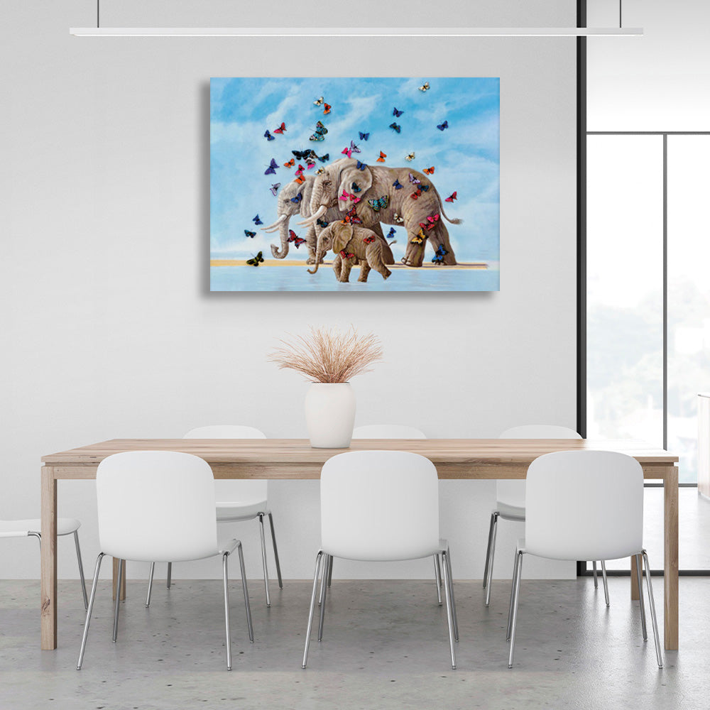 A herd of elephants with butterflies Canvas Wall Art Print