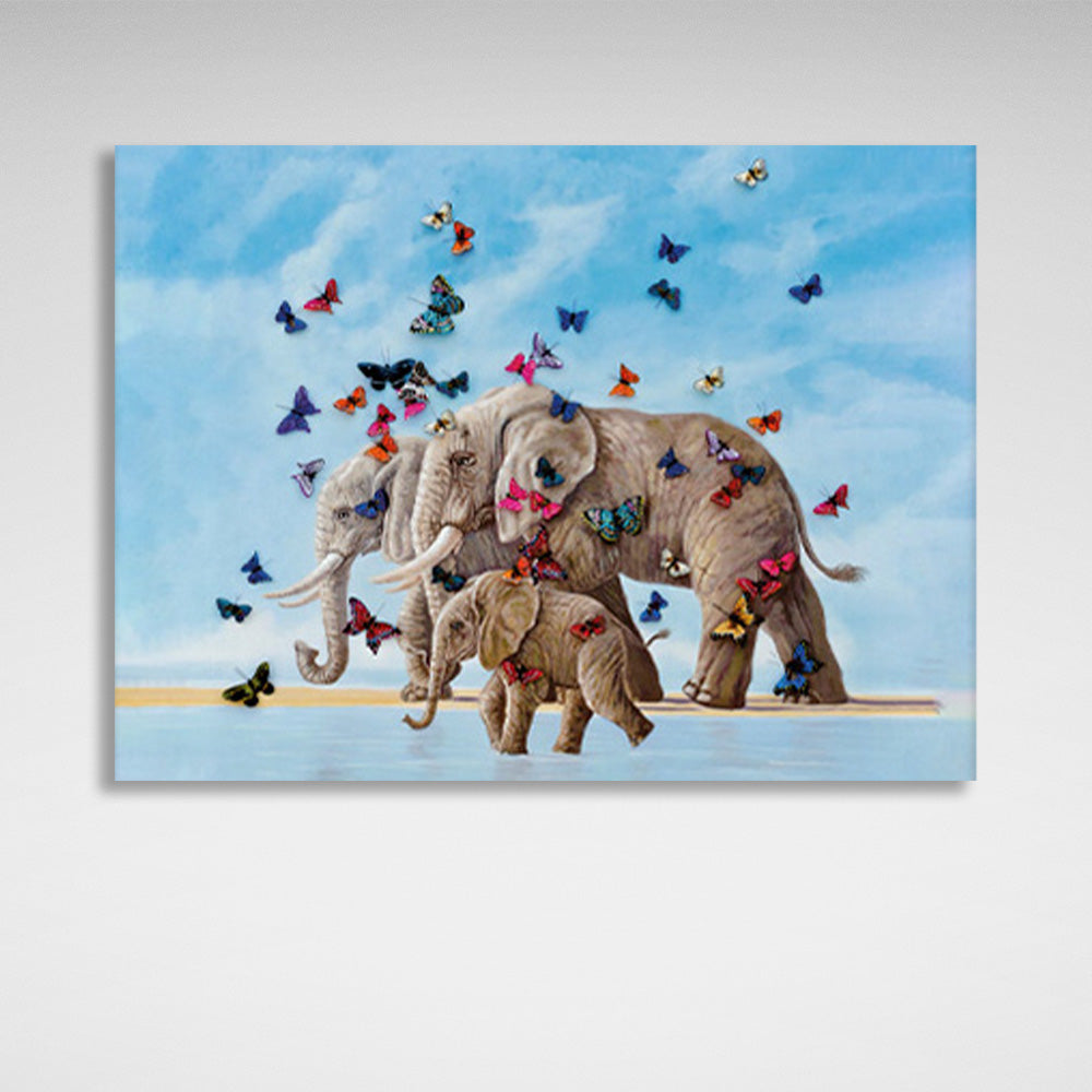 A herd of elephants with butterflies Canvas Wall Art Print