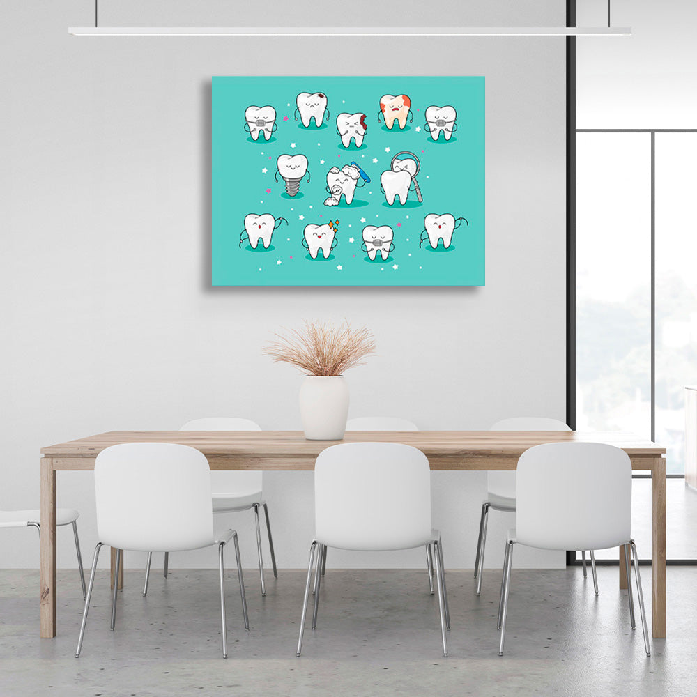 Human teeth on a turquoise background Canvas Wall Art Print