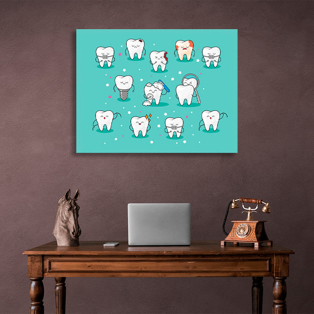 Human teeth on a turquoise background Canvas Wall Art Print