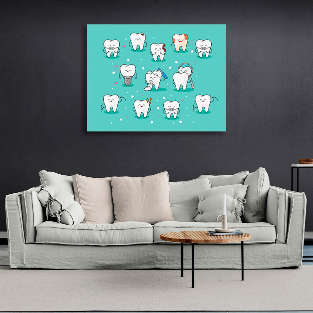 Human teeth on a turquoise background Canvas Wall Art Print