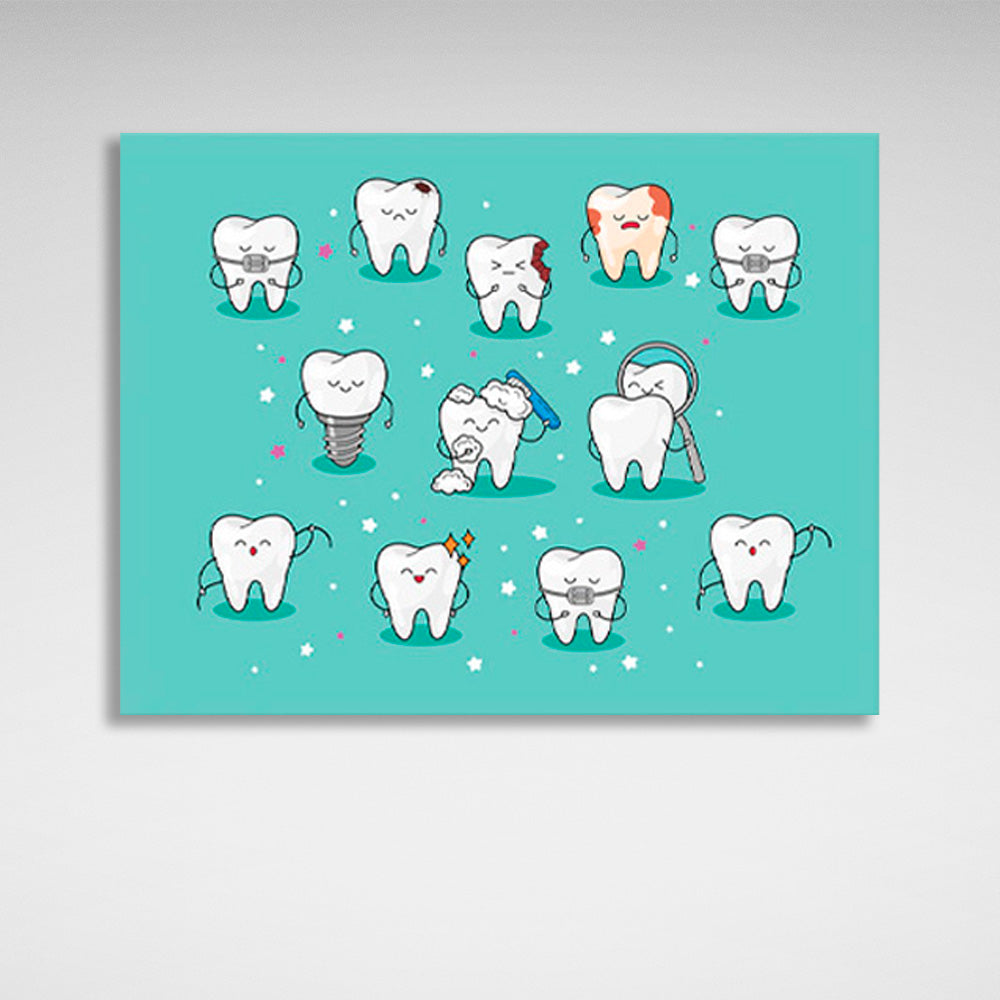 Human teeth on a turquoise background Canvas Wall Art Print