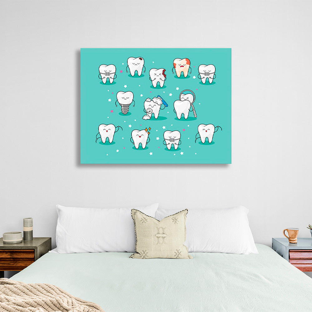 Human teeth on a turquoise background Canvas Wall Art Print