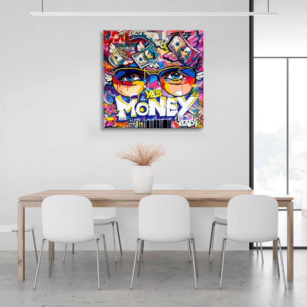 Graffiti mit der Aufschrift „Yes Money“ – inspirierender Kunstdruck auf Leinwand