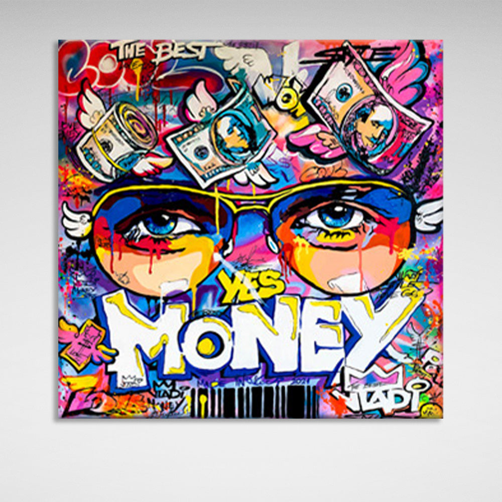 Graffiti that says "Yes Money" Inspirational Canvas Wall Art Print