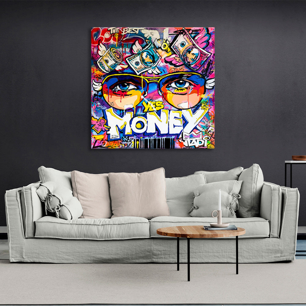 Graffiti mit der Aufschrift „Yes Money“ – inspirierender Kunstdruck auf Leinwand