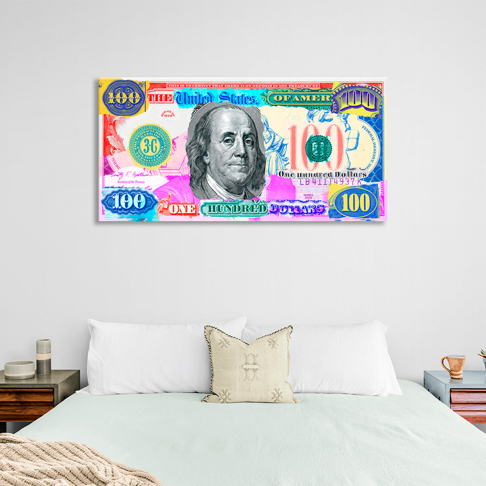 Ein mehrfarbiger Hundert-Dollar-Schein. Inspirierender Kunstdruck auf Leinwand.