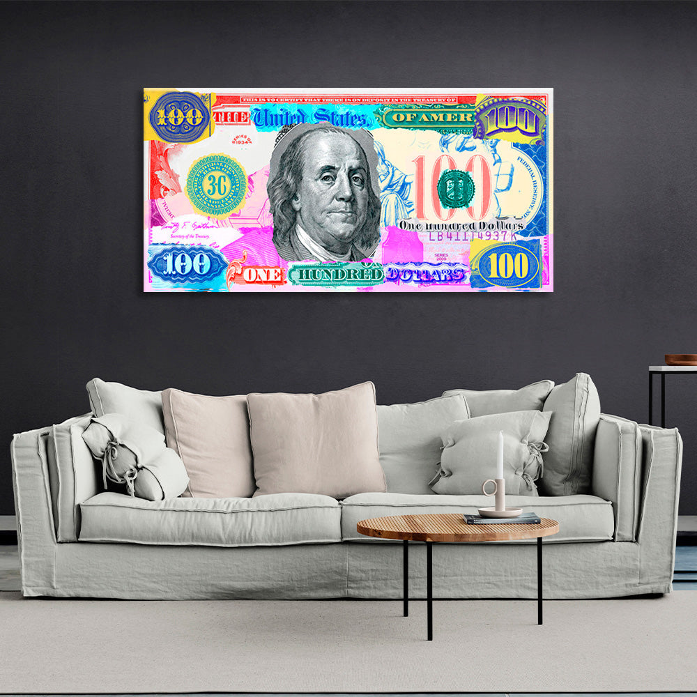 Ein mehrfarbiger Hundert-Dollar-Schein. Inspirierender Kunstdruck auf Leinwand.