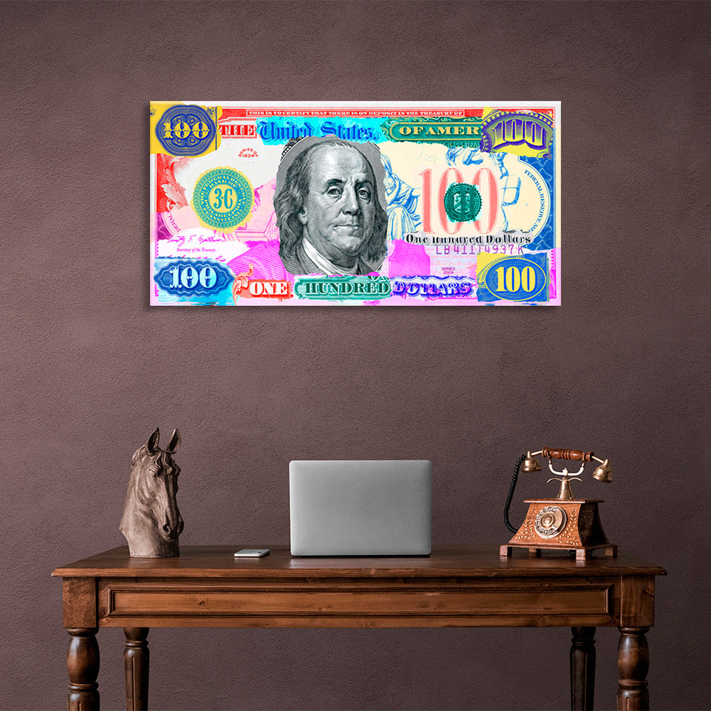 Ein mehrfarbiger Hundert-Dollar-Schein. Inspirierender Kunstdruck auf Leinwand.