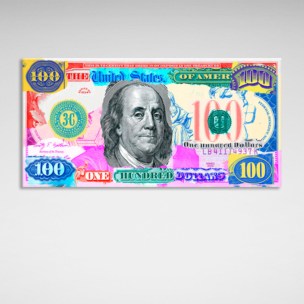 Ein mehrfarbiger Hundert-Dollar-Schein. Inspirierender Kunstdruck auf Leinwand.