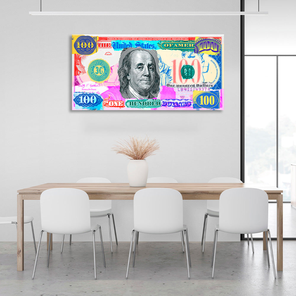 Ein mehrfarbiger Hundert-Dollar-Schein. Inspirierender Kunstdruck auf Leinwand.