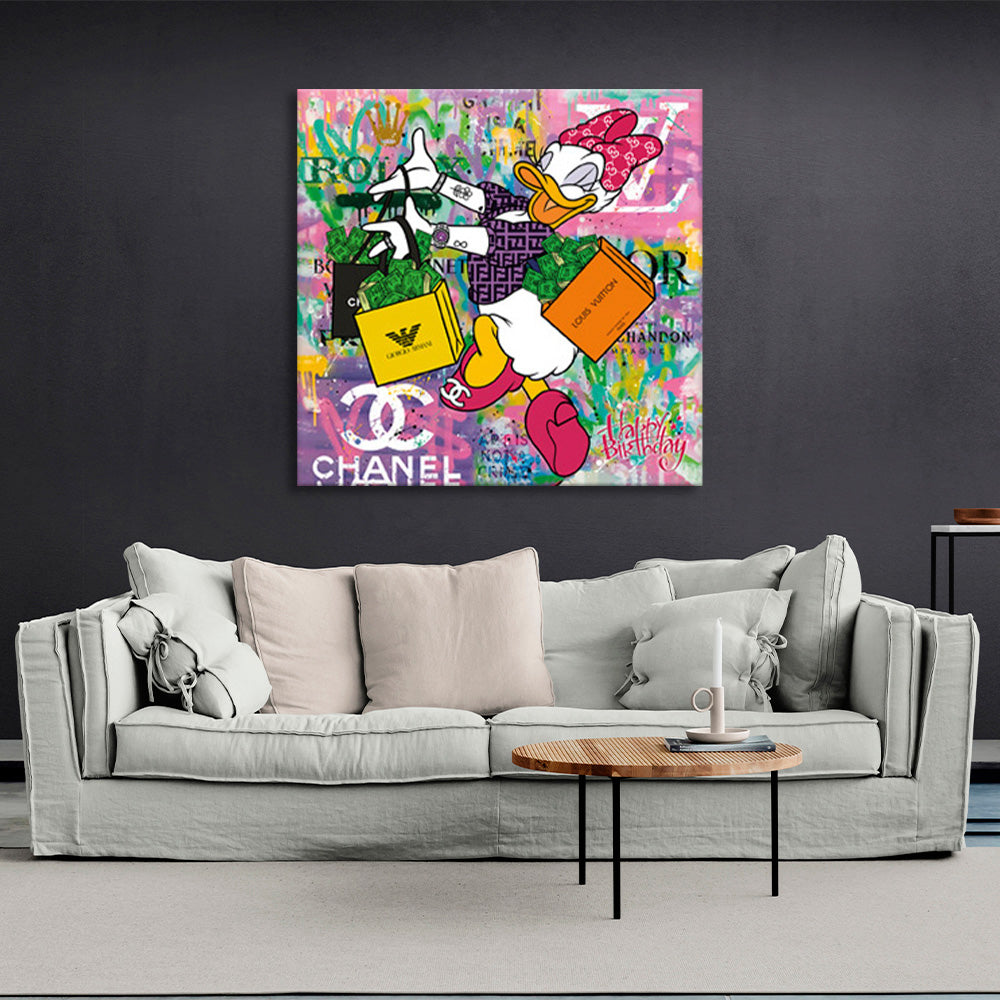 Canvas painting of a duck girl with shopping from different brands Canvas Wall Art Print