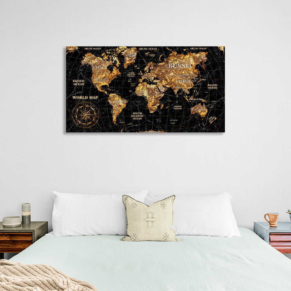 World map in golden colors Canvas Wall Art Print