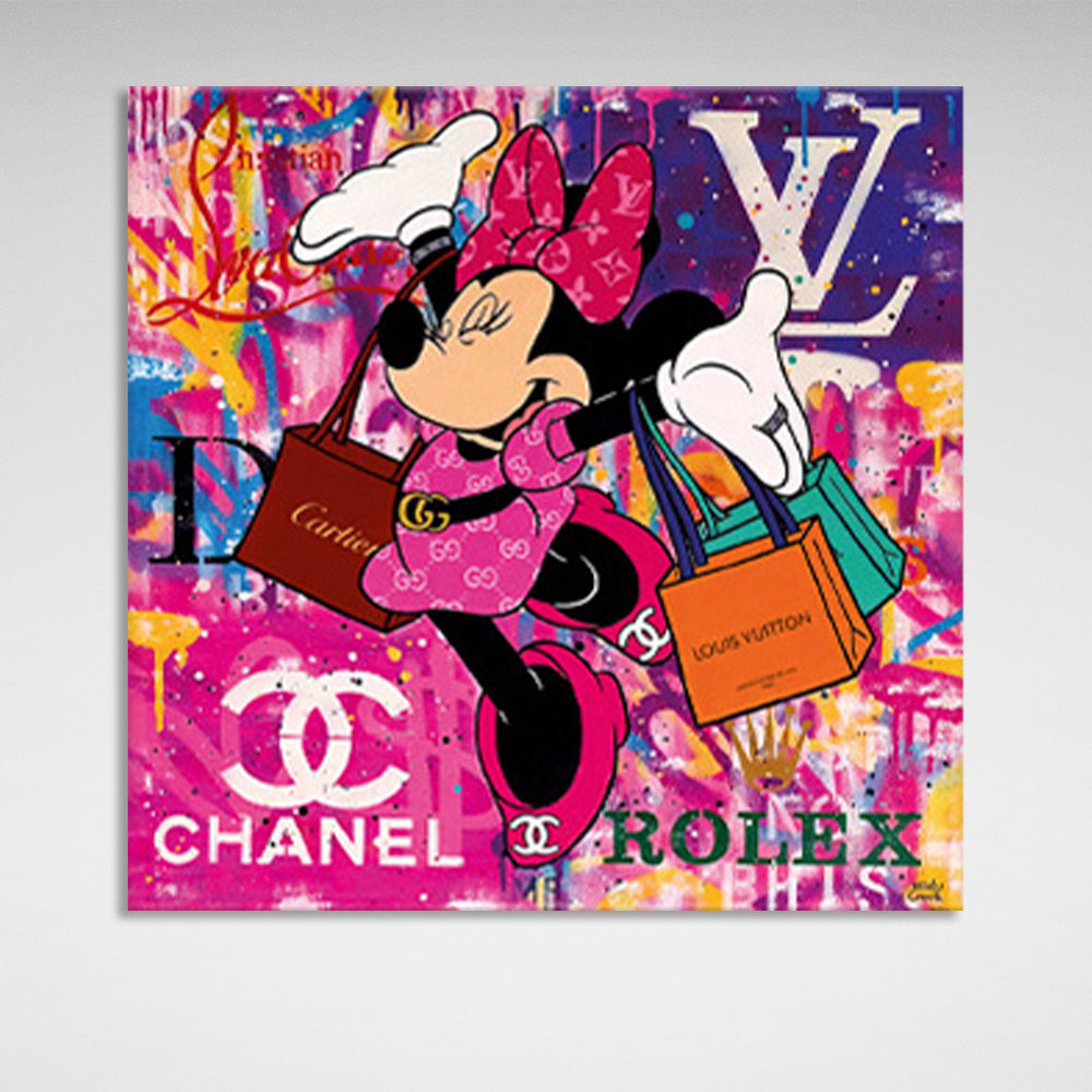 Minnie Mouse shopping with different brands Canvas Wall Art Print