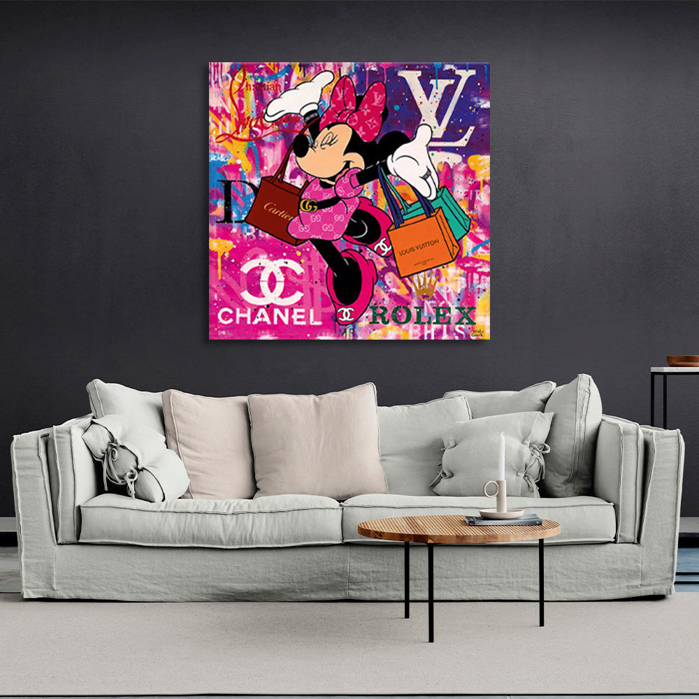 Minnie Mouse shopping with different brands Canvas Wall Art Print