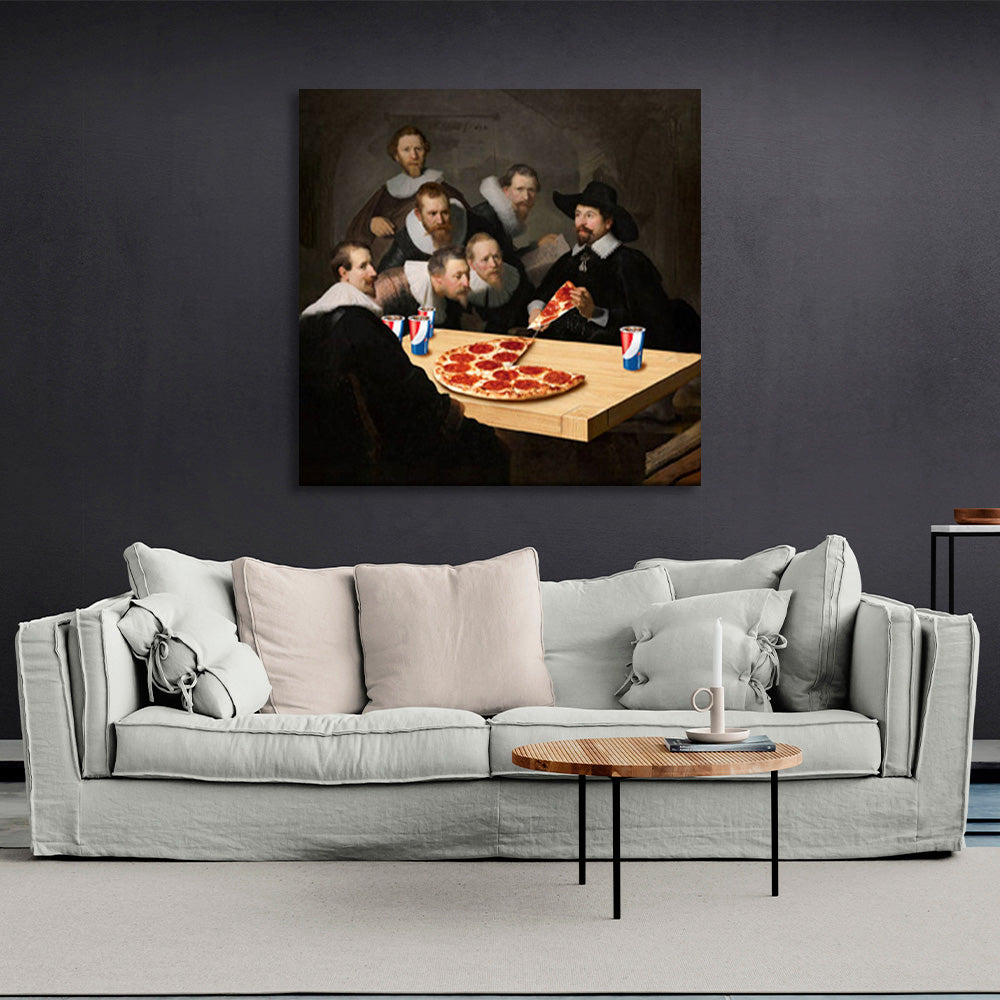 Rembrandt's pizza-eating lesson Canvas Wall Art Print