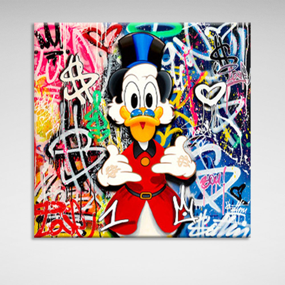 Scrooge-Graffiti auf einem Hintergrund aus zwei Farben, inspirierender Kunstdruck auf Leinwand