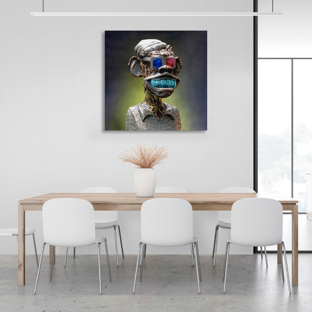 Monkey with red and blue glasses on dark background square Canvas Wall Art Print