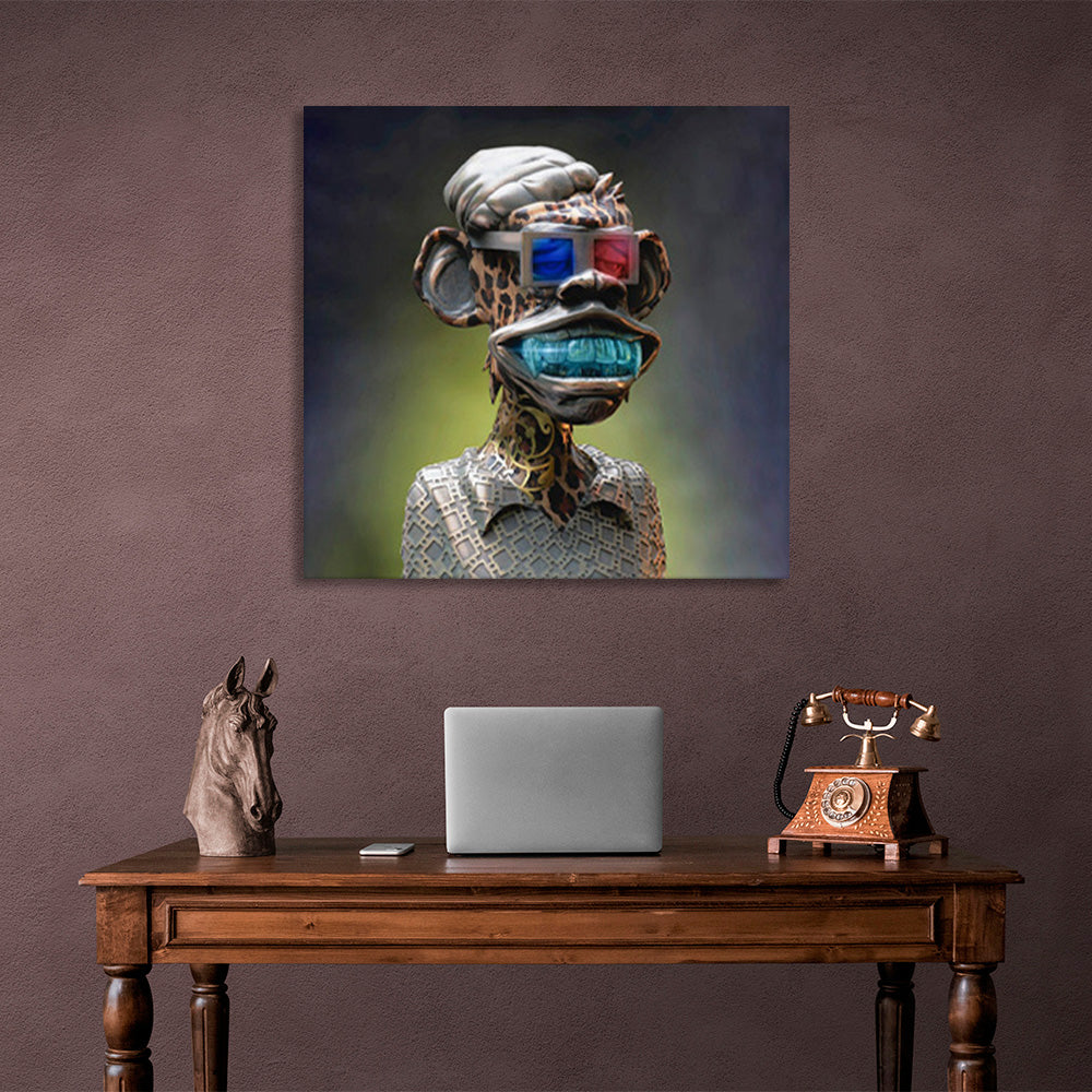 Monkey with red and blue glasses on dark background square Canvas Wall Art Print