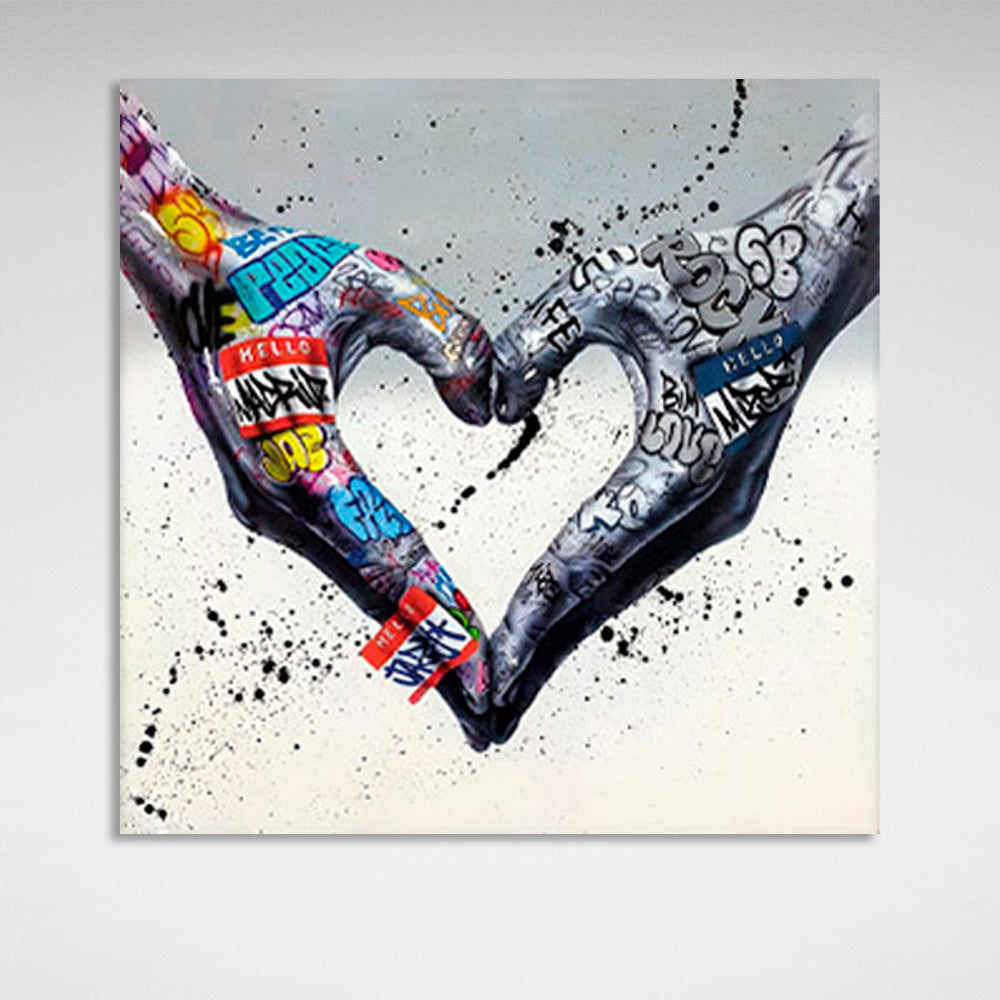 Two hands folded into a heart shape on a gray background in graffiti style Canvas Wall Art Print