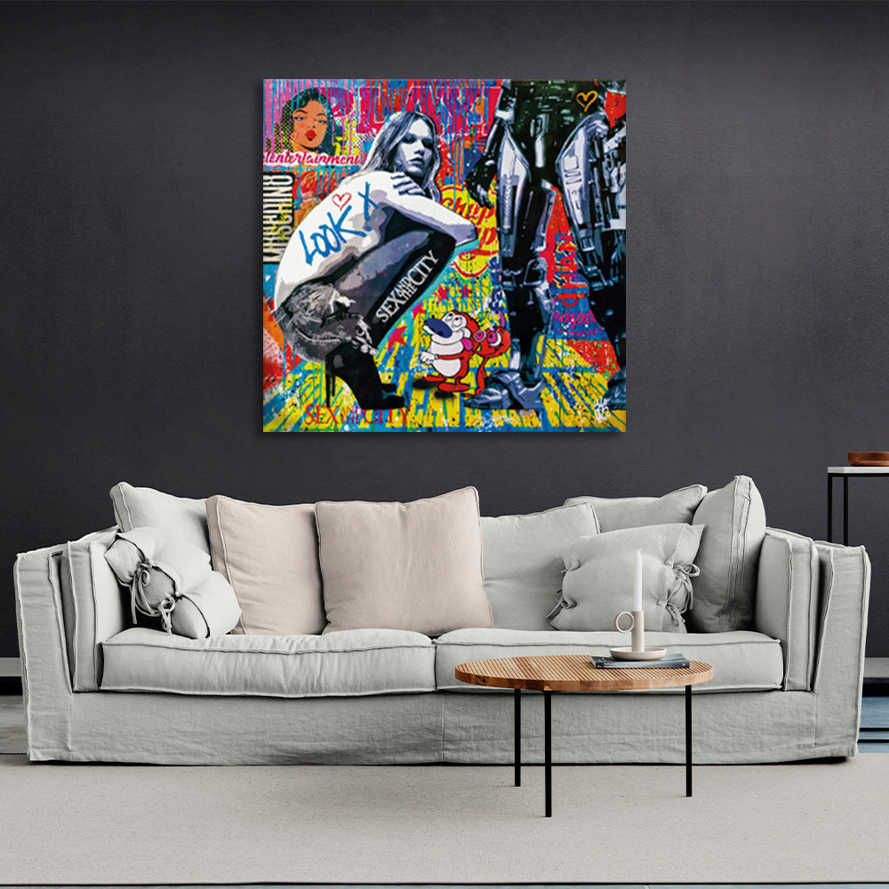 The girl and the robot with the inscriptions Canvas Wall Art Print