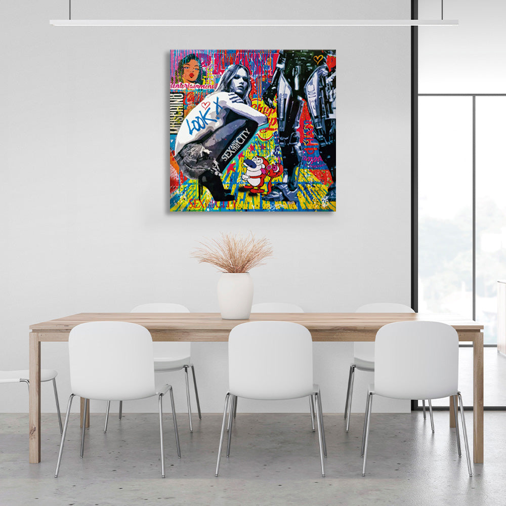 The girl and the robot with the inscriptions Canvas Wall Art Print