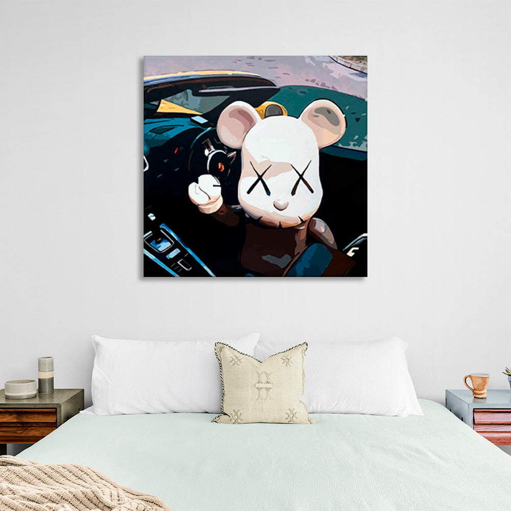 A white mouse in a car Canvas Wall Art Print