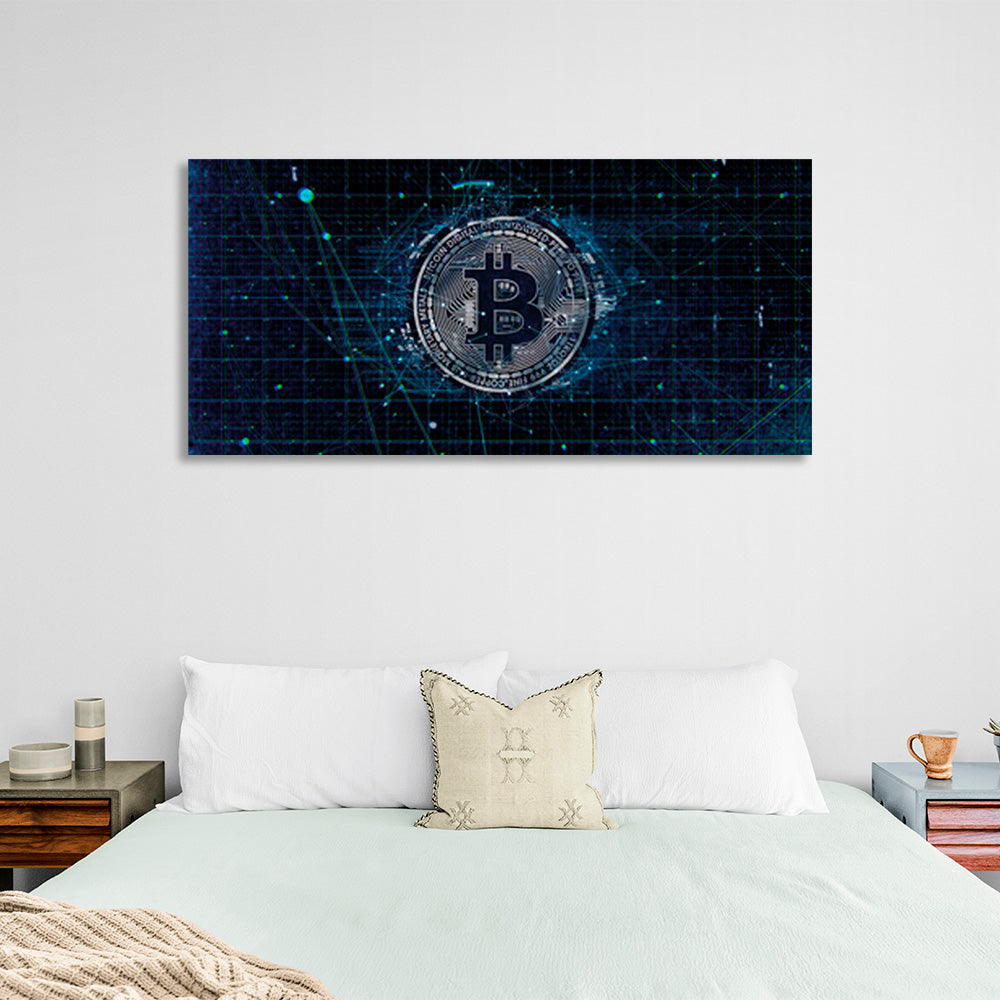 Bitcoin in Silberfarbe auf dunkelblauem Hintergrund Inspirierender Leinwand-Kunstdruck