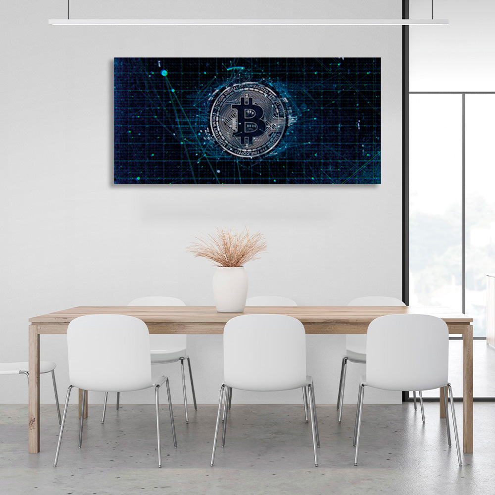 Bitcoin in Silberfarbe auf dunkelblauem Hintergrund Inspirierender Leinwand-Kunstdruck