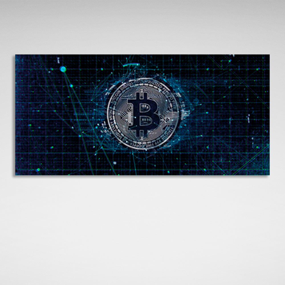 Bitcoin in Silberfarbe auf dunkelblauem Hintergrund Inspirierender Leinwand-Kunstdruck