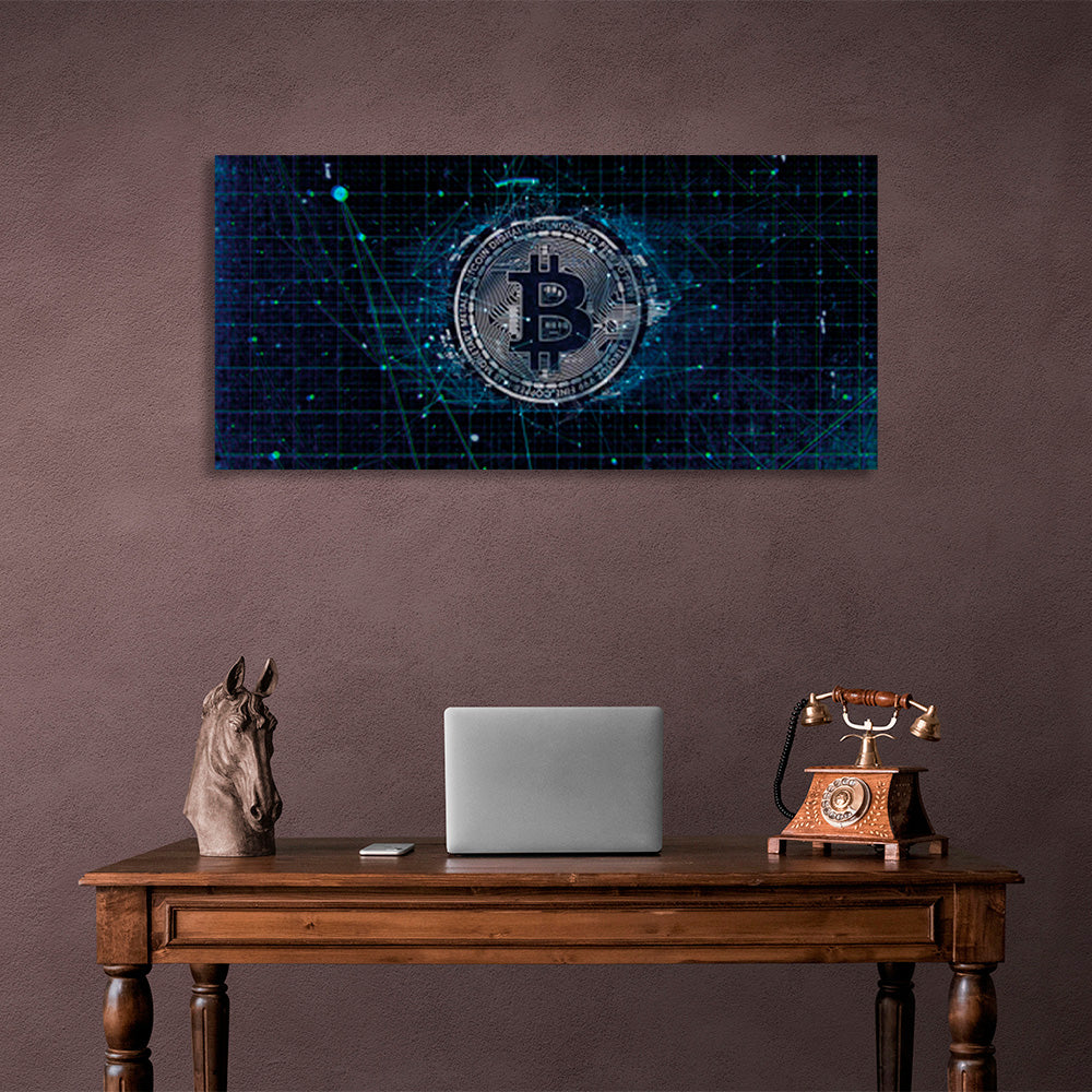 Bitcoin in Silberfarbe auf dunkelblauem Hintergrund Inspirierender Leinwand-Kunstdruck