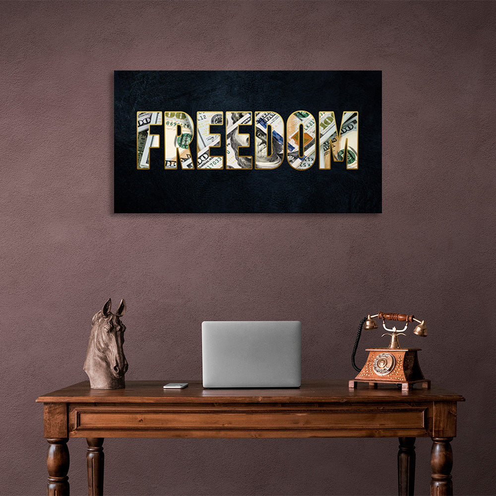 FREEDOM auf dunkelblauem Hintergrund Motivierender Leinwand-Kunstdruck