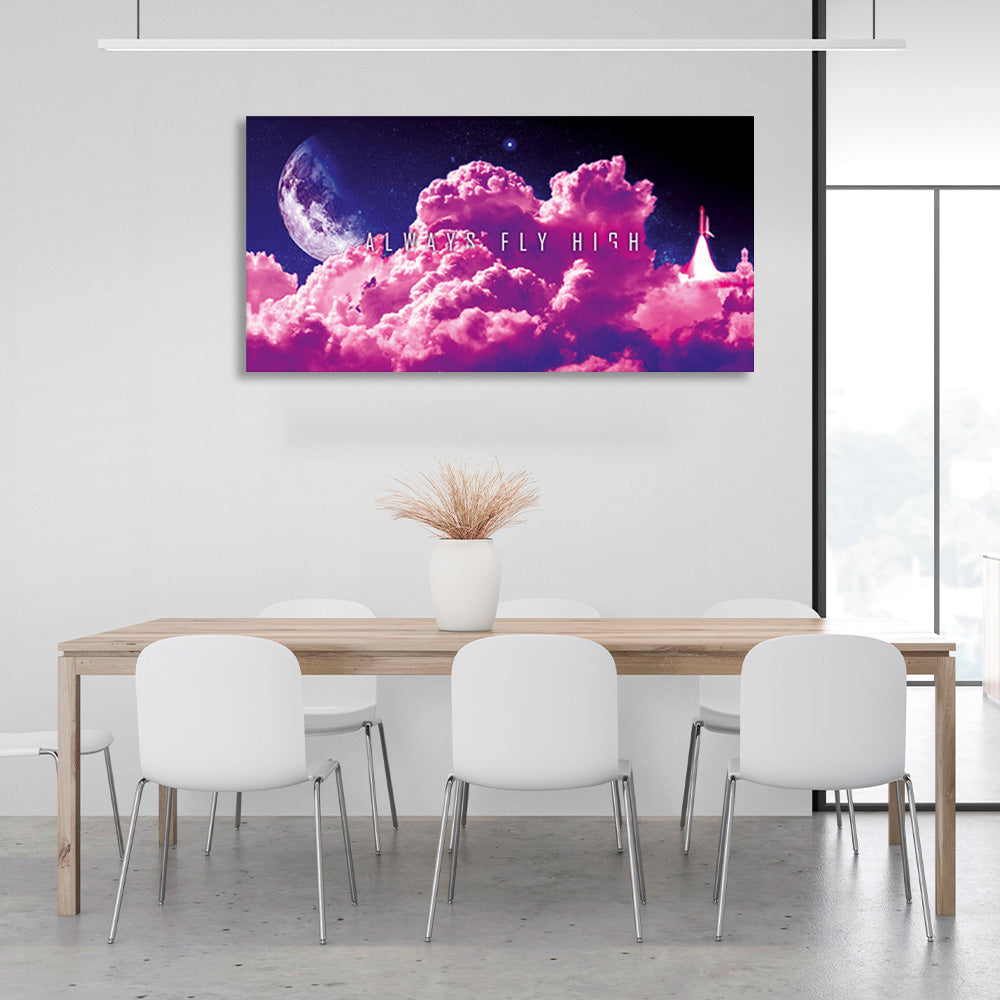 Pink clouds on the background of the month with the inscription Motivational Canvas Wall Art Print