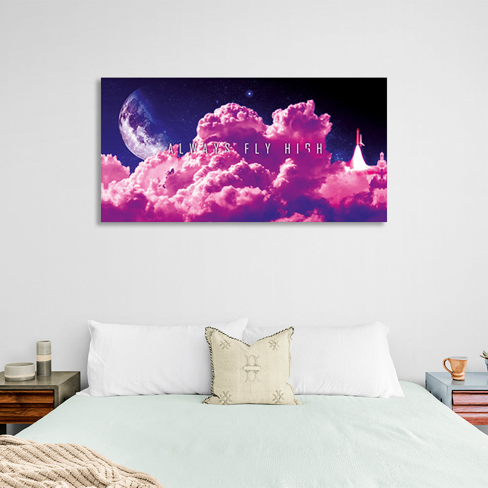 Pink clouds on the background of the month with the inscription Motivational Canvas Wall Art Print