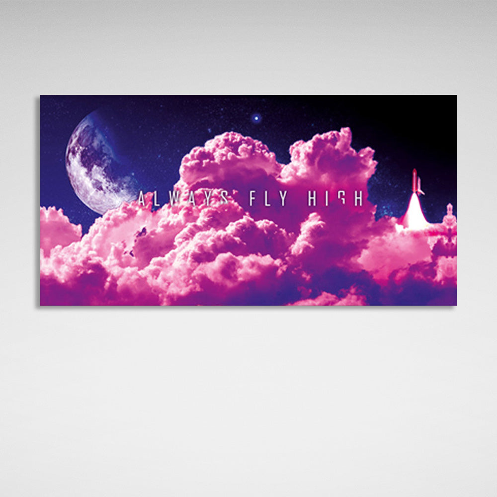 Pink clouds on the background of the month with the inscription Motivational Canvas Wall Art Print