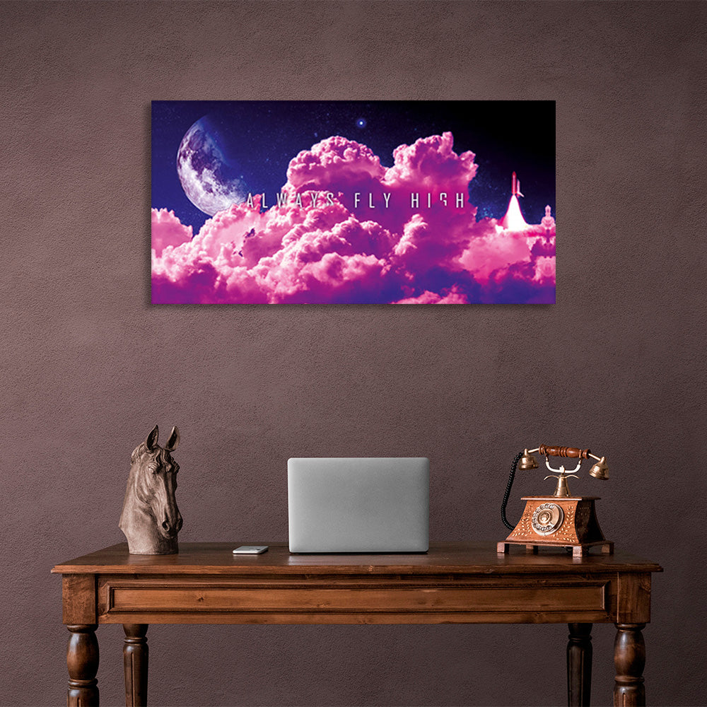 Pink clouds on the background of the month with the inscription Motivational Canvas Wall Art Print