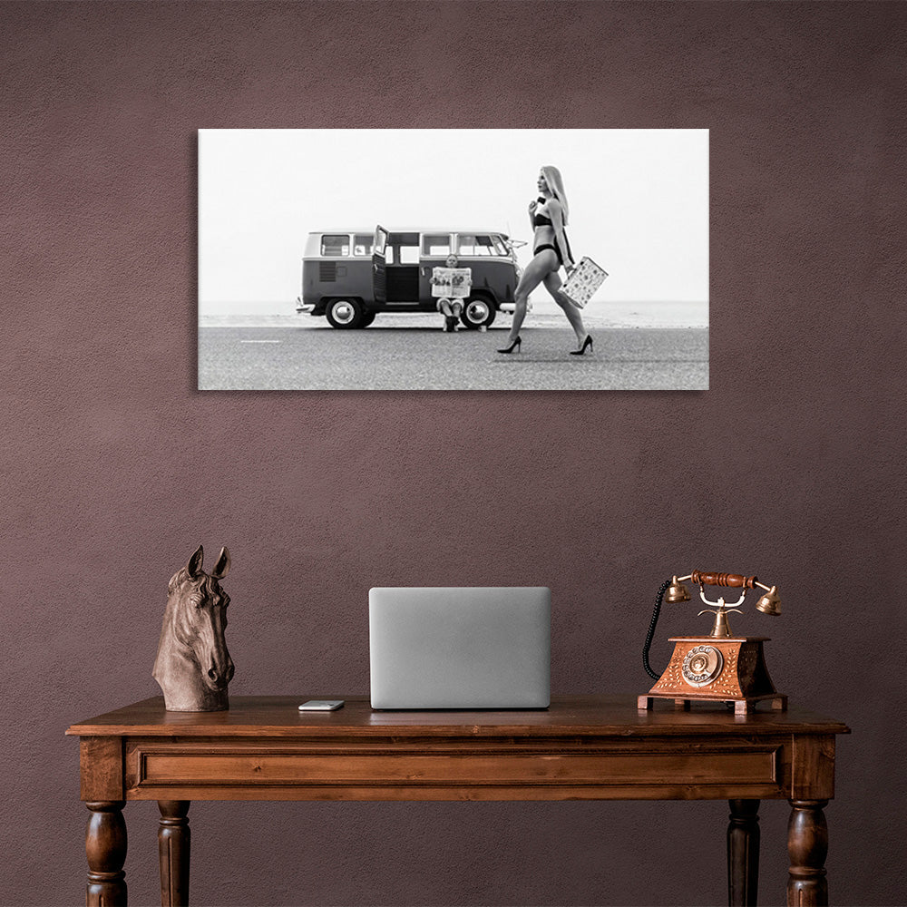 A girl in a swimsuit with heels in the background of an old bus Canvas Wall Art Print