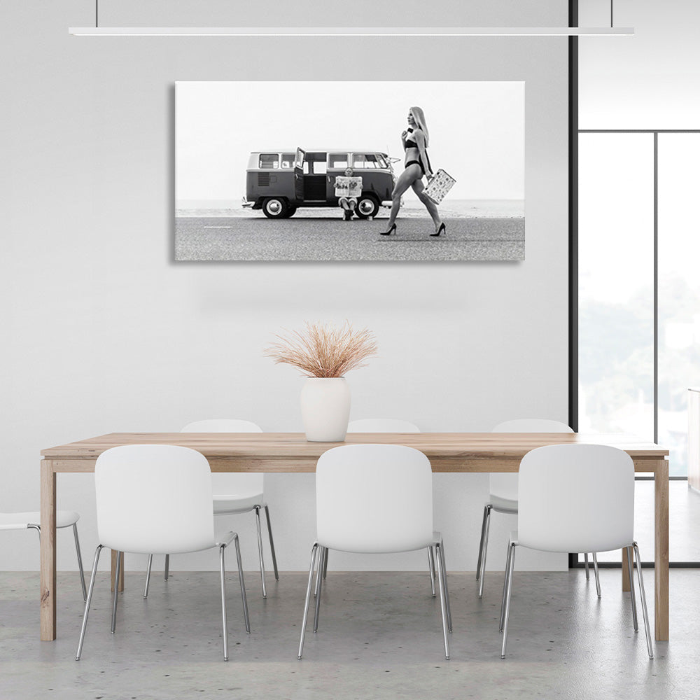 A girl in a swimsuit with heels in the background of an old bus Canvas Wall Art Print