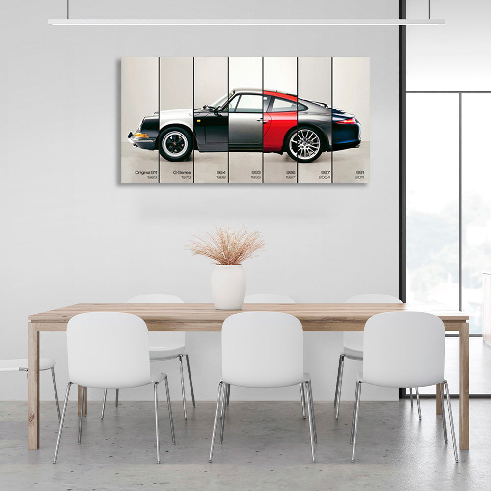 Kunstdruck auf Leinwand mit verschiedenen Porsche-Teilen