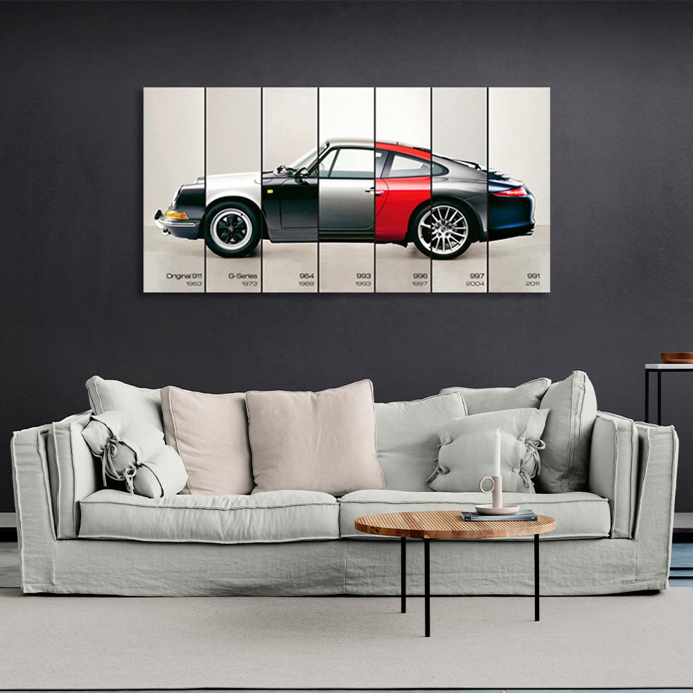 Kunstdruck auf Leinwand mit verschiedenen Porsche-Teilen