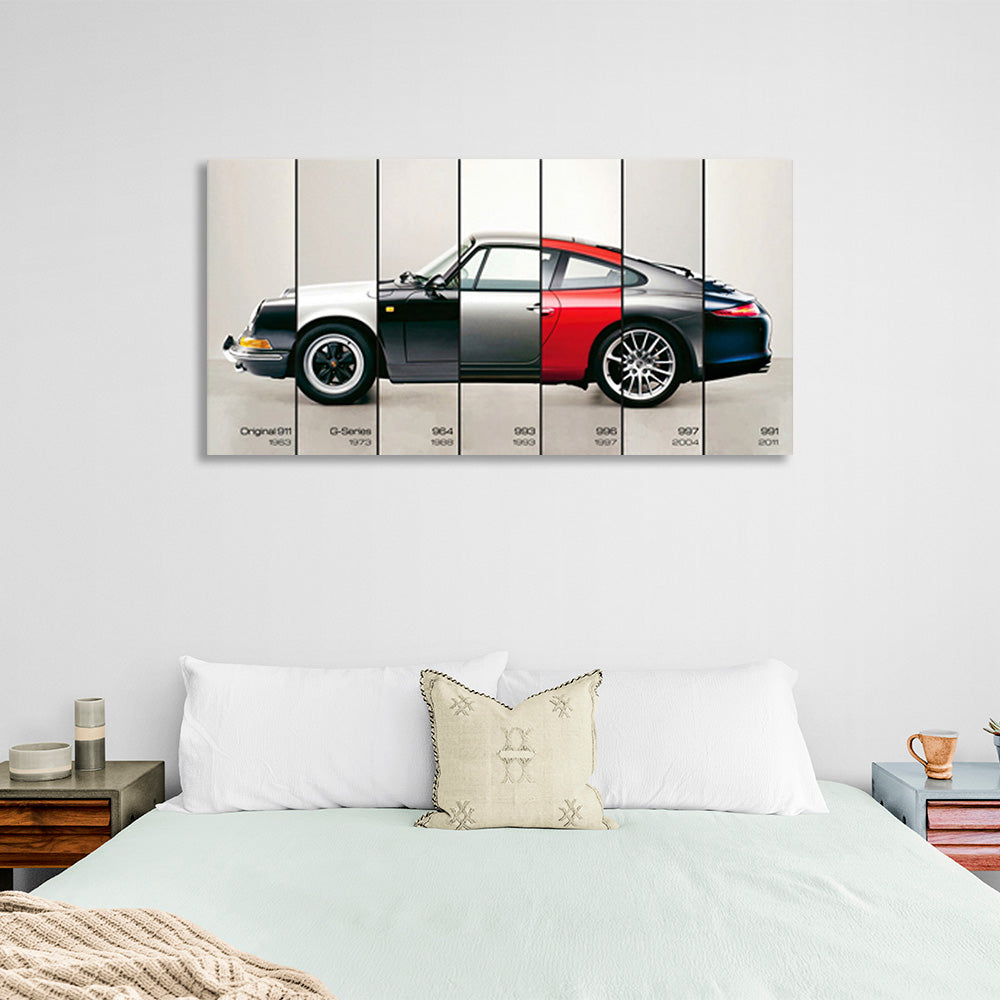 Kunstdruck auf Leinwand mit verschiedenen Porsche-Teilen